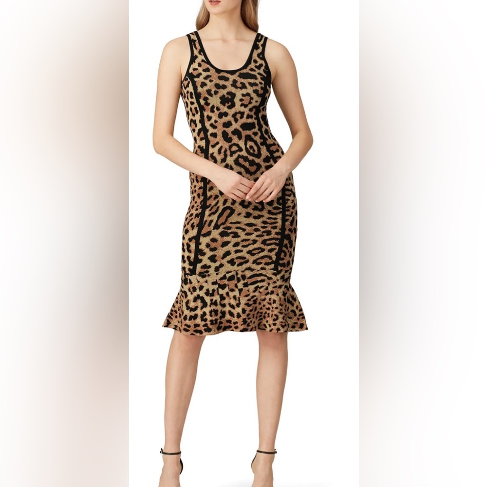 Great Jones Leopard Knit Sheath Midi Dress Ruffle Hem Mermaid Tan Black size L
